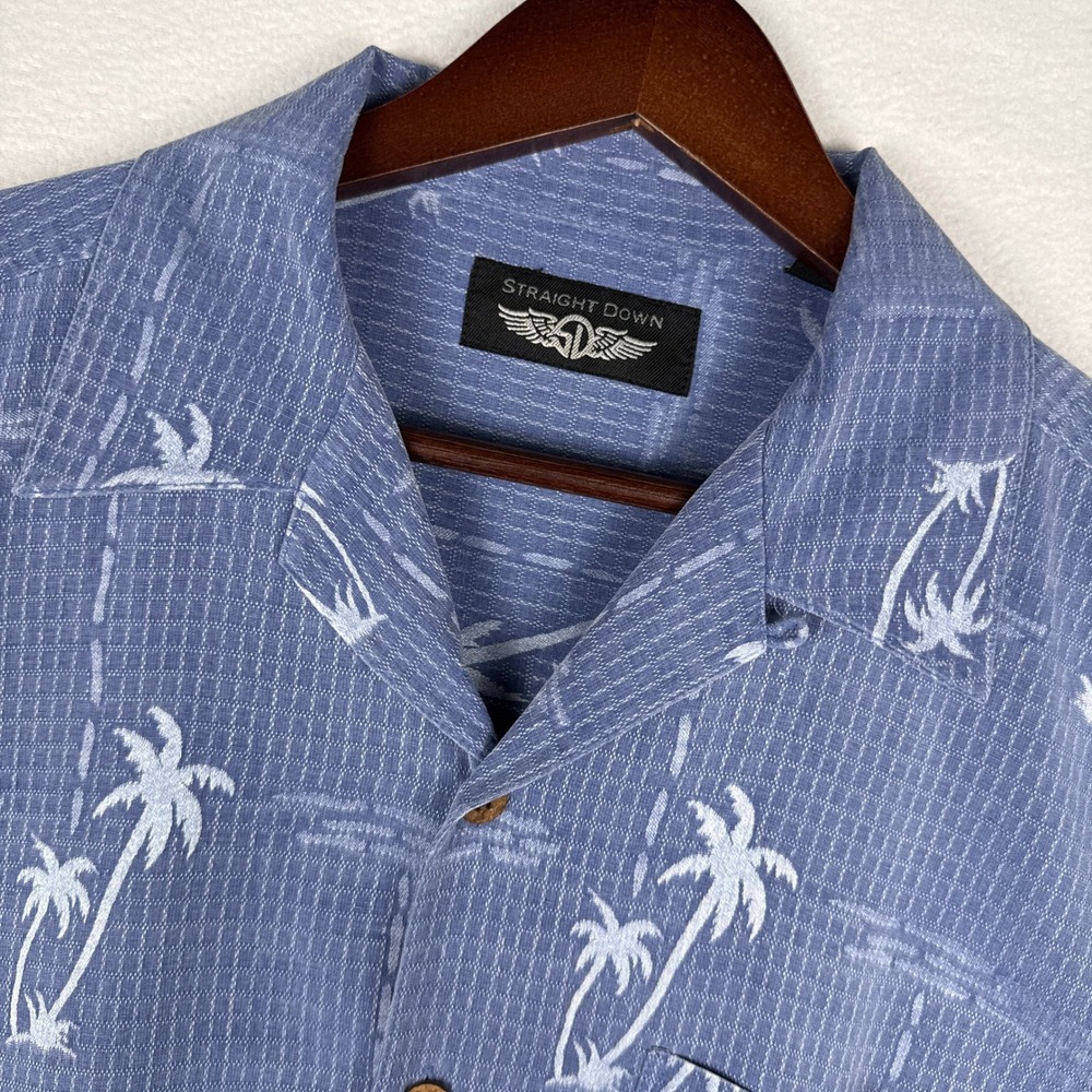 Straight Down Mens Large Blue 100% Silk Palm Tree Short Sleeve Hawaiian Shirt